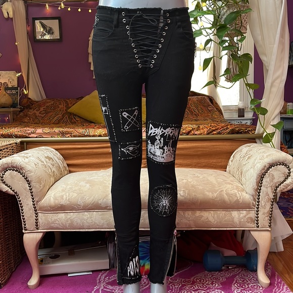 Dolls Kill Pants - Current Mood Dolls Kill Goth Punk Patch Lace Up Stitch Bitch Pants